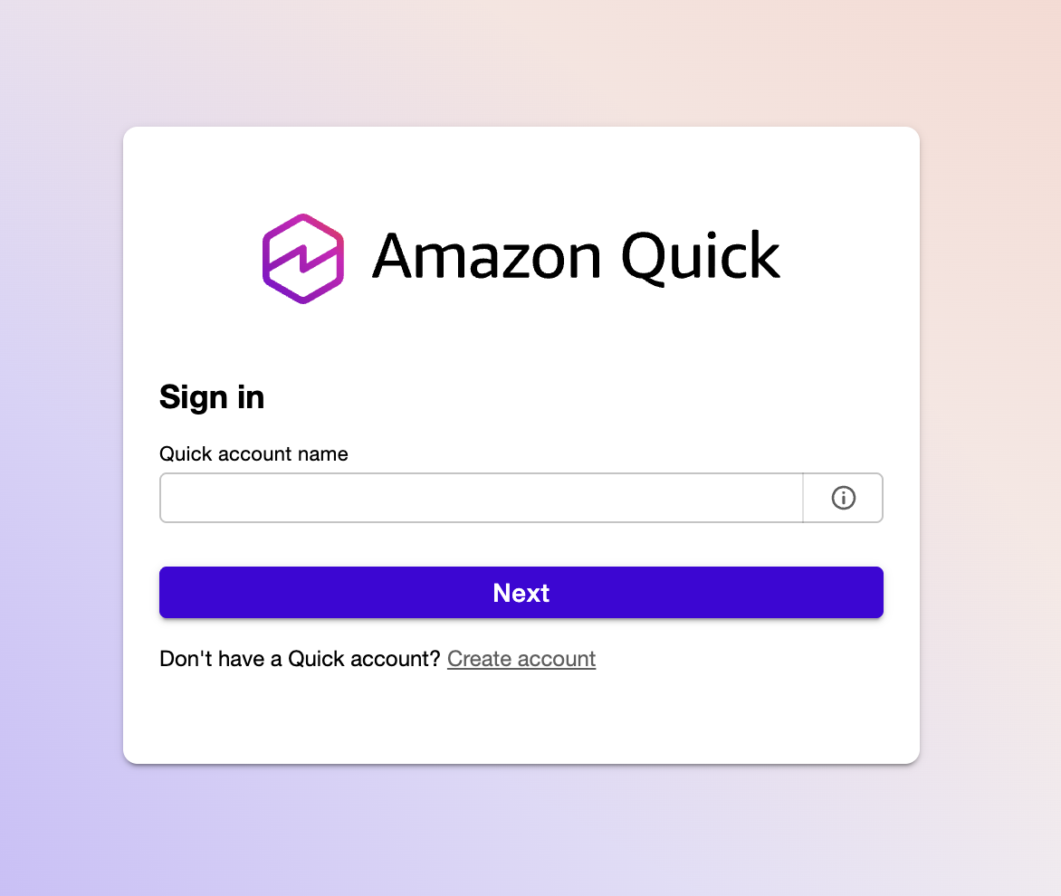 QuickSight sign-in page requiring users to type their account name