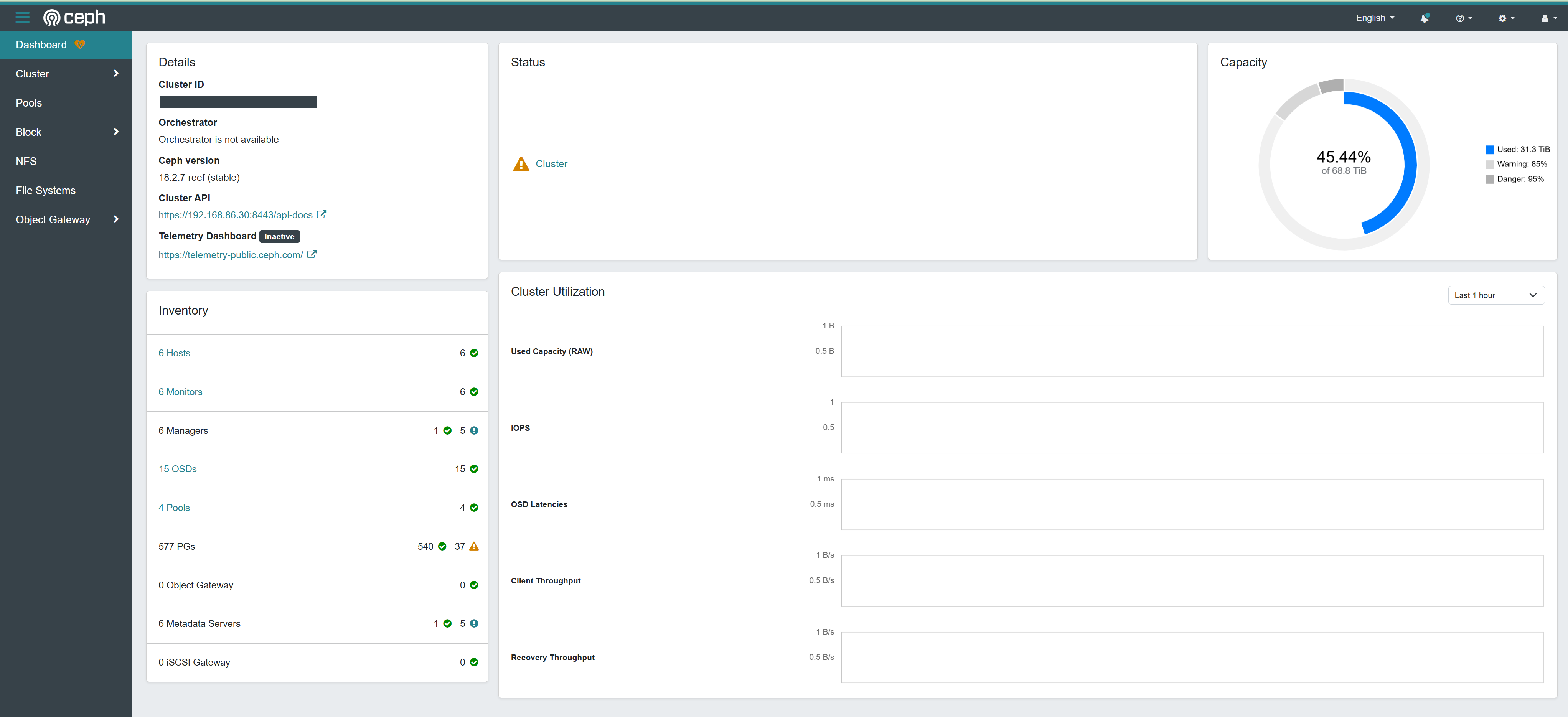 Ceph Dashboard Overview showing cluster health, OSD status, and storage utilization