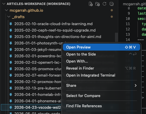 macOS VS Code context menu showing Open Preview at the top