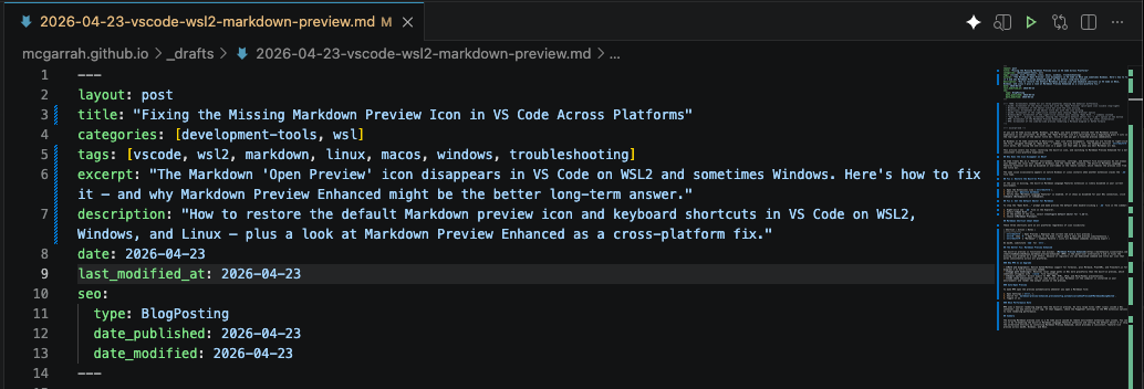 macOS VS Code title bar showing the Open Preview to the Side button