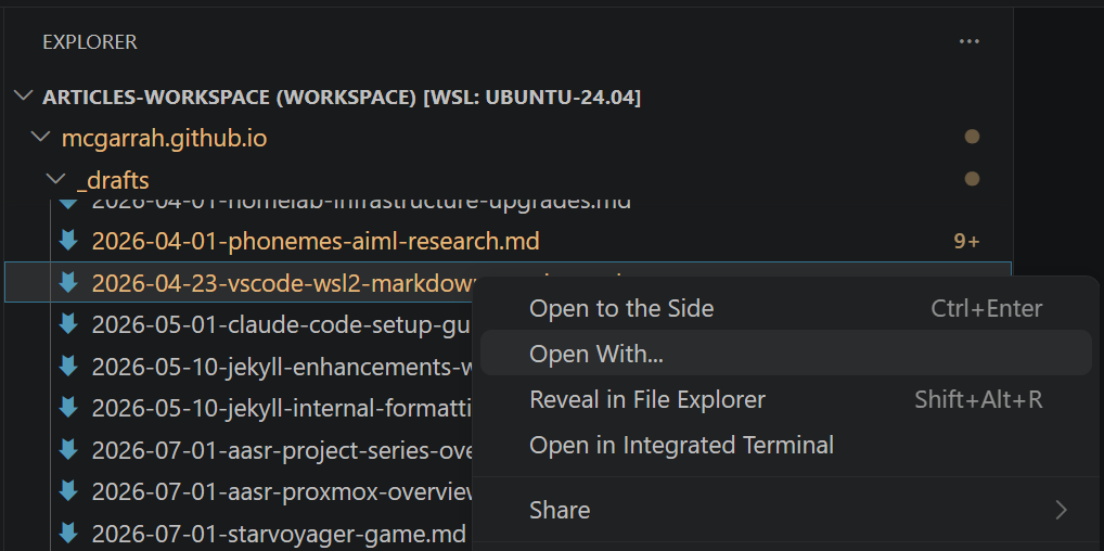 Windows/WSL2 VS Code context menu showing only Open With instead of Open Preview
