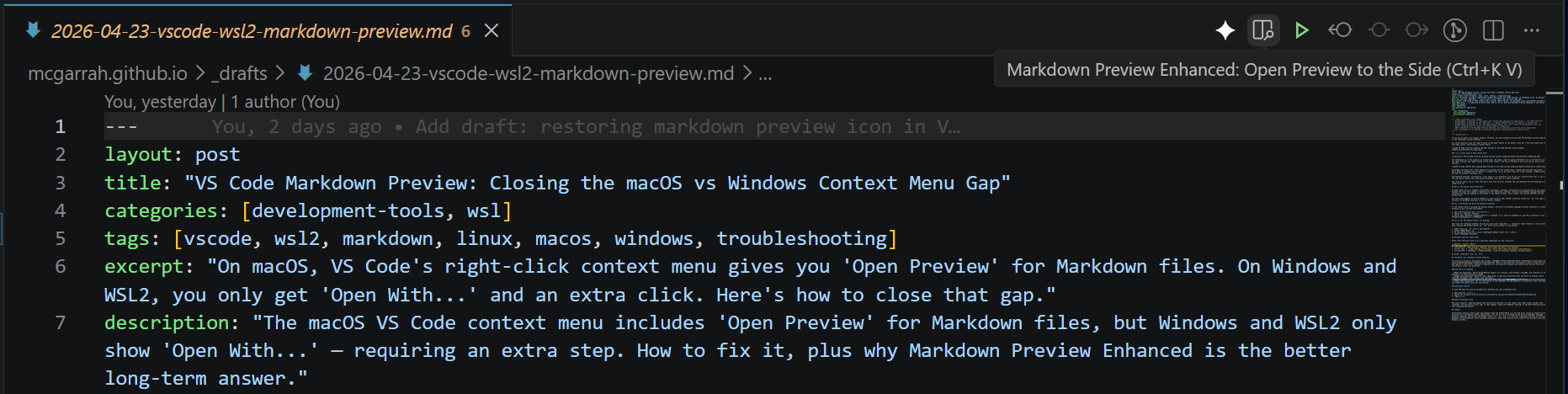 Markdown Preview Enhanced icon in the VS Code editor title bar on Windows/WSL2