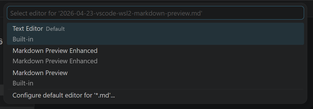 Windows/WSL2 Open With submenu showing the list of editors to choose from