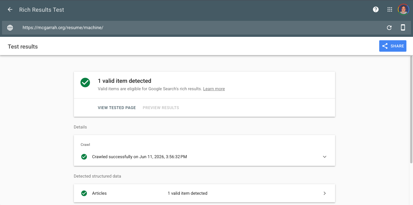 Google Rich Results Test — structured data validates correctly