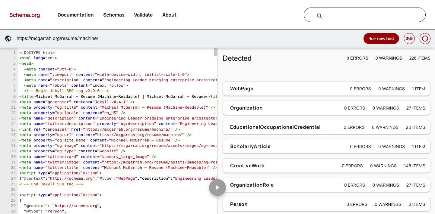 Schema.org Markup Validator — vocabulary and nesting confirmed