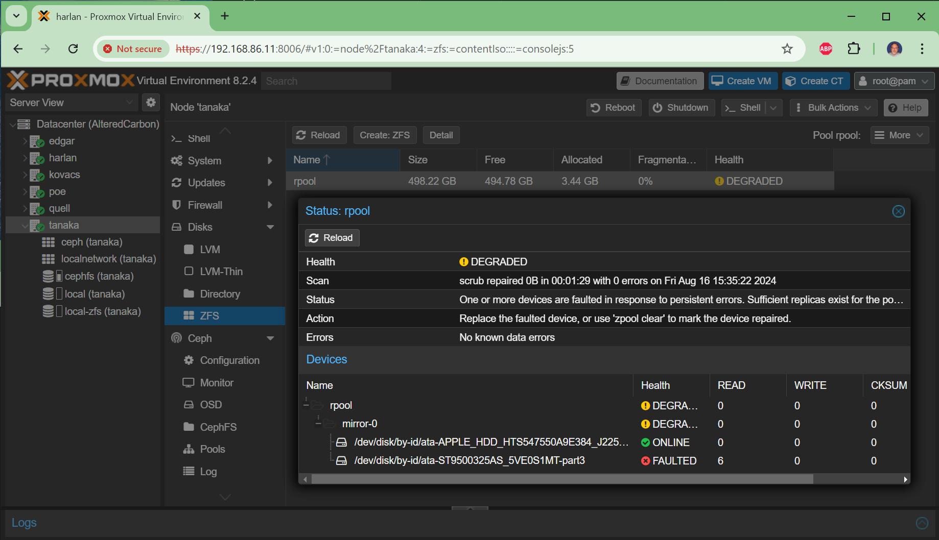 Proxmox 8 ZFS Boot Mirror status in the web UI
